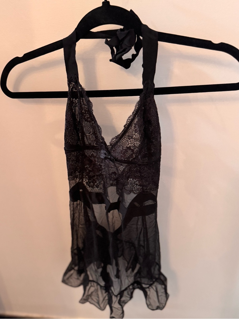 Victoria’s Secret-Black Lace Halter Babydoll Chemise - Women Intimates